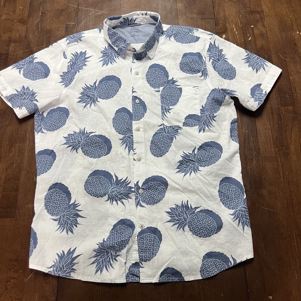 IZOD Saltwater‎ Hawaiian Mens XL Shirt Relaxed Classics Blue Pineapple Print